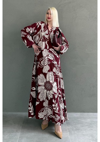 Madmext Bordo Desenli Düğmeli Uzun Kollu Elbise Mg2397 Bordo