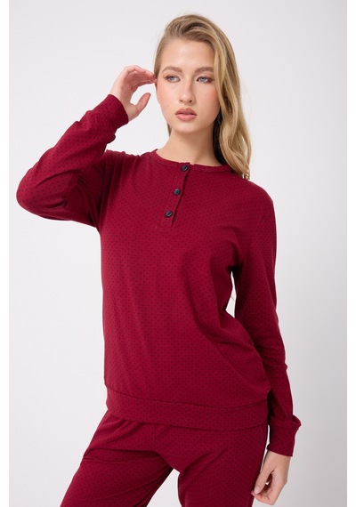 Lespadon Ocean Rıpple Premium Örme Pamuk Uzun Kollu Henley & Uzun Pantolonlu Kadın Pijama Takımı-3216 Bordo