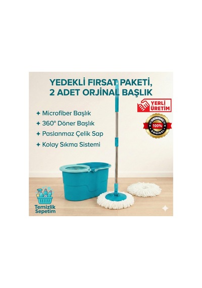 Fix Mop Set Pratik Temizlik Seti Sıkma Sistemli Döner Başlıklı 2 Adet Başlık