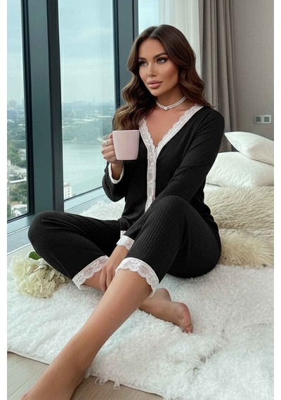 Merry See Ribanalı Dantel Detay İki Parça Pijama Takım Siyah