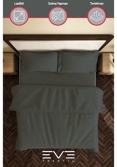 Eve Tekstil %100 Pamuk Ranforce Çarşaflı Yastık Ve Yorgan Kılıflı Çift Kişilik Nevresim Takımı 200x220 Cm Koyu Gri