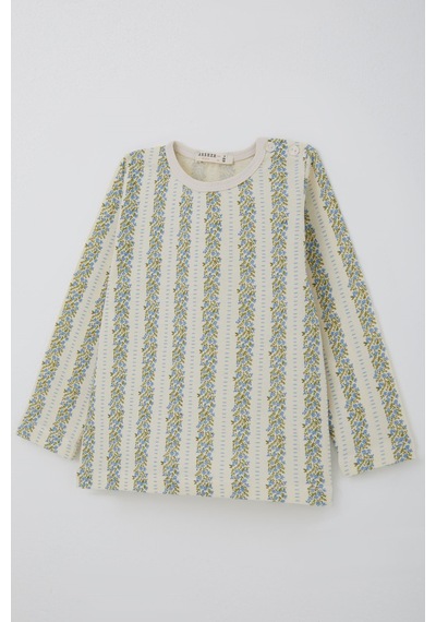 Breeze Kız Bebek Pijama Takımı Mavi Floral Çiçek Desenli Şeritli 9 Ay - 3 Yaş , Ekru