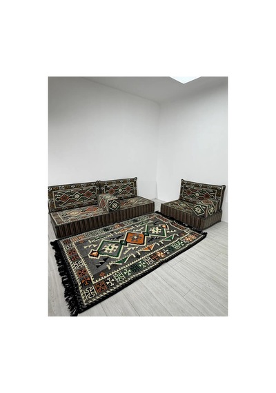 20 Cm Kalınlıklı Şark Köşesi Takımı - 70x190 + 70x95 Anadolu Gri Desenli Minder Seti