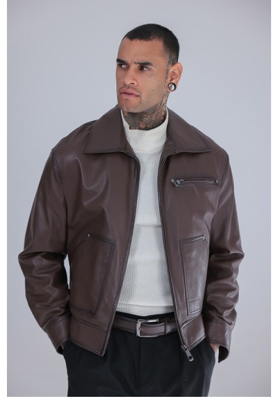 M M Marki Marki Erkek Fındık Rengi Hakiki Deri Ceket Oversize Kesim Fermuarlı Astarlı 64 Cm - 508922