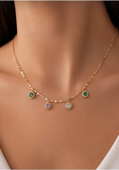 Lunarie Renkli Zirkon Taşlı Çember Sarkıtlı Vintage Kolye Altın