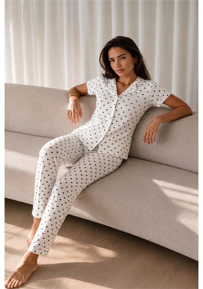 Kadın Loose Uzun Paça Pamuk Kar Beyaz Pijama Takımı