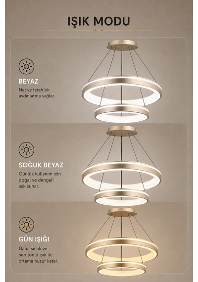 2'li Modern Premium Halka 3 Renkli Ledli Sarkıt Avizesi Salon Mutfak Oturma Odası Şık Modelleri 60w Gold