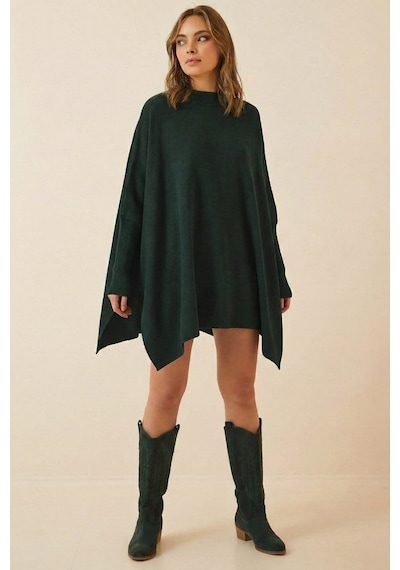 Onno Style Women Düz Triko Standart Panço Yeşil