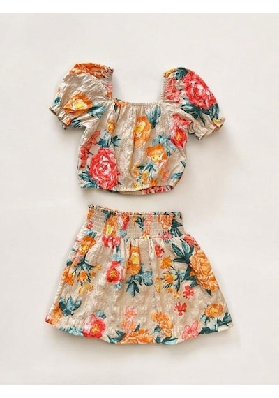 Zekids Kız Çocuk Çiçekli Etekli Takım-14497 Bej