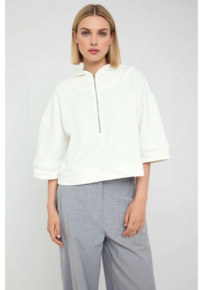 Benerly Kadın Kapüşonlu Truvakar Kol Fermuar Detaylı Oversize Sweatshirt Ekru