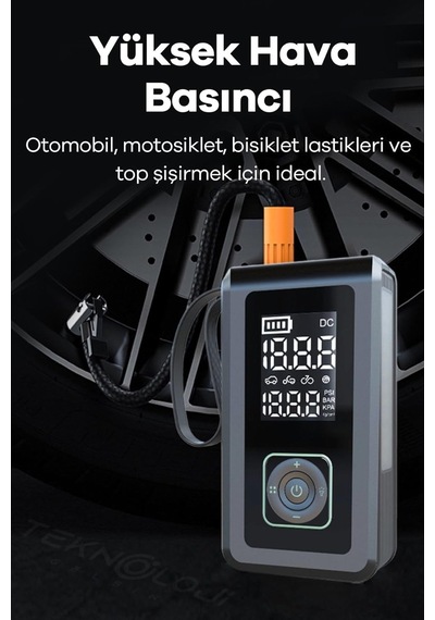 Taşınabilir Araç Pompası 10.000mah Akü Şarj Eden Otokompresör Elfeneri Powerbank Çanta Hediye 3in1