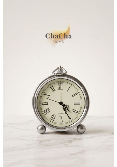 Chacha Home Serene Bell Vintage Metal Çalar Saat & Premium Masaüstü Dekoratif Obje 16x14 Cm Gümüş