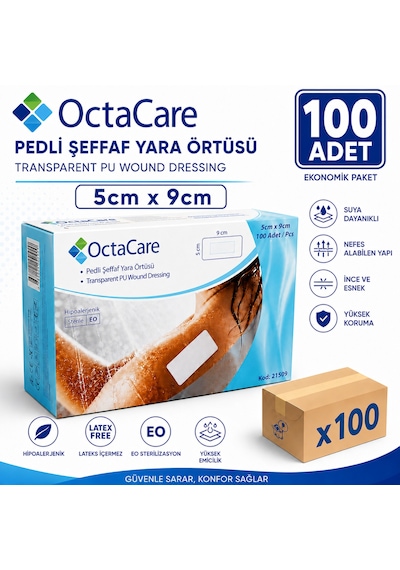 Octacare Su Geçirmez Pedli Şeffaf Pu Film Steril Yara Örtüsü 5cmx 9cm 100 Adet