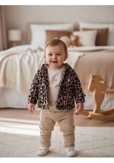 Zekids Kız Çocuk Leopar Desenli Ceketli 3'lü Takım-16376 Çok Renkli