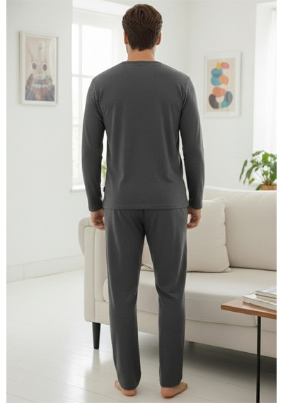 Siyah İnci Uzun Kollu Örme Erkek Pijama Takım 7795 Füme