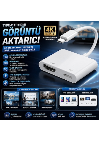 Type-c To Hdmı Görüntü Aktarım Kablosu 4k Destekli Apple iPhone Uyumlu Apple İpad Uyumlu Android Tüm Cihazlar İle