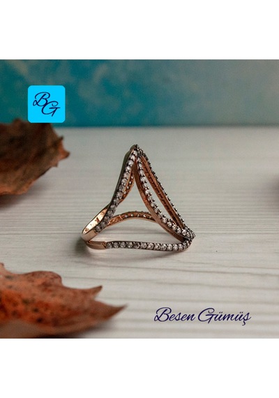 İç İçe Geçmeli Taşlı Gümüş Kadın Yüzük Gümüş - Rose Gold