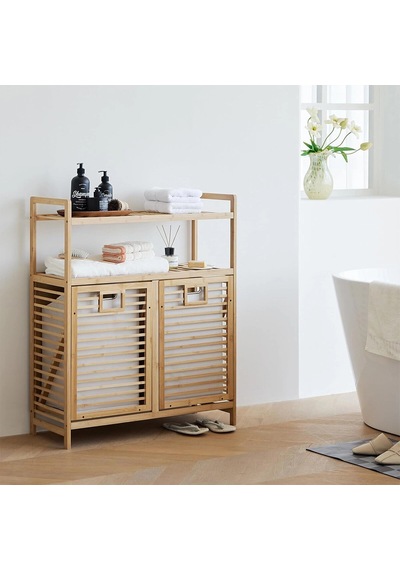 Kirli 2 Kat Organizer Raflı - 2 Bölmeli Önden Çek Aç Kalın Ahşap Bambu Kirli Çamaşır Sepeti 80x33x87cm 50 Çok Renkli