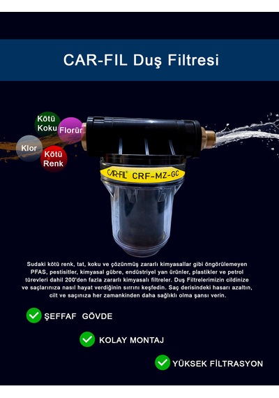 Car-fil Tortu, Koku & Klor Giderici Kolay Kurulum Duş Filtresi Şeffaf