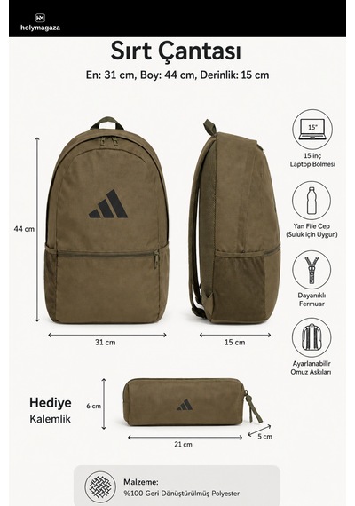 Adidas Clsc Pcase Bp Unisex Haki Sırt Çantası 23,25l Jd3091 + Kalemlik