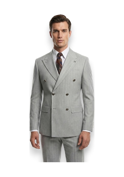 Hermose Prestige Buz Grisi Çizgili Metal Düğmeli Kruvaze Takım Elbise Gri