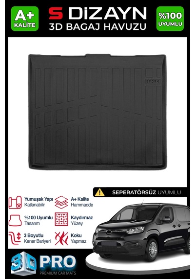 S-dizayn Toyota Proace City Seperatörsüz 3d Pro Bagaj Havuzu 2019 Üzeri A+ Kalite