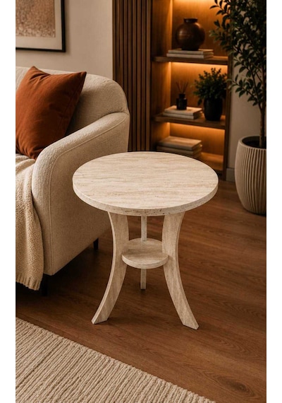 Fiskos Traverten Desen Mdf Ayak Yan Sehpa 50 Cm Çap - 60 Cm Yükseklik Modern Zigon Yan Sehpa Traverten Kumtaşı - Traverten