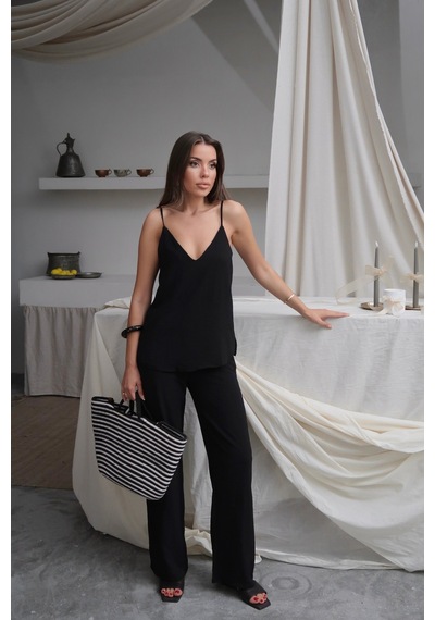 Paw Garage Kadın Shay Siyah Ayrobin Ip Askılı Bluz Bol Paça Pantolon Takım, Yaz Yeni Sezon Paw Garage Kadın Shay Siyah Ayrobin Ip Askılı Bluz Bol Paça Pantolon Takım, Yaz Yeni Sezon