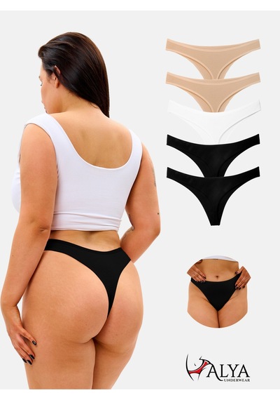 Alya Underwear Kadın Pamuklu Tanga Külot - 2 Siyah, 1 Beyaz, 2 Ten S, M, L, Xl, 2xl - 5 Adet Renkli P02