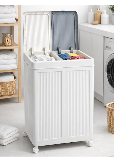 Premium Katlanabilir Tekerlekli Çamaşır Sepeti - 100 Litre Çift Bölmeli Çok Amaçlı Düzenleyici, Kapaklı Ve Çok Renkli