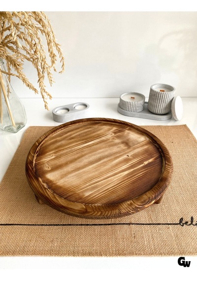Yuvarlak Doğal Ahşap Sunum Tabağı Ayaklı Çukur Ahşap Sunumluk Beyaz Çam Çap:28cm Yük:6,5cm