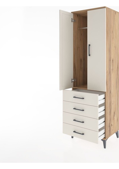 Hyperion Dolap Tek Raflı 4 Çekmeceli Tek Askılı 60x44x195 Çam... Çam