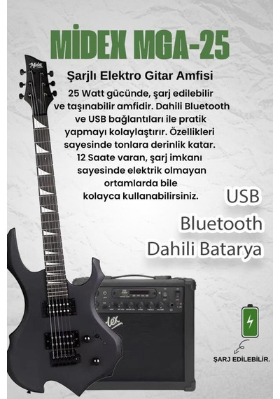 Midex Force-AMP25 Üst Seviye 25 Watt Amfili Elektro Gitar H-H Profesyonel Full Set Aksesuarlı