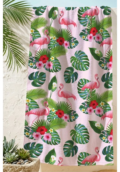 Flamingo Tropikal Yapraklı Plaj Havlusu - Pembe Yeşil Bohem Yazlık Hızlı Kuruyan Mikrofiber Havlu Kumlu Yosun