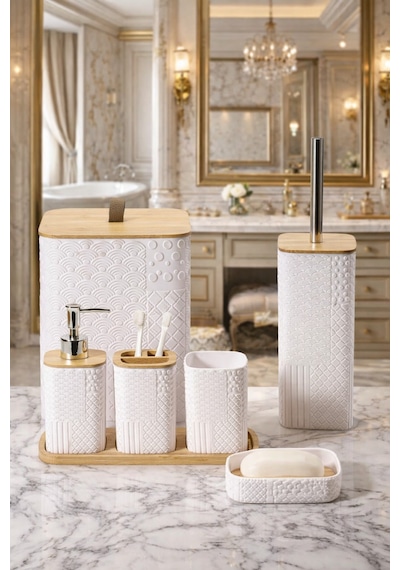 Makri Home Desenli 7 Parça Bambu Kapaklı Ve Aksesuarlı Banyo Seti Çok Renkli