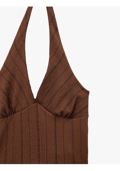 Koton Bürümcük Kumaş Slim Fit Bel Vurgulu Çizgili Halter Yaka Bluz Kahverengi Çizgili 6sal30285ık Kahve Çizgili