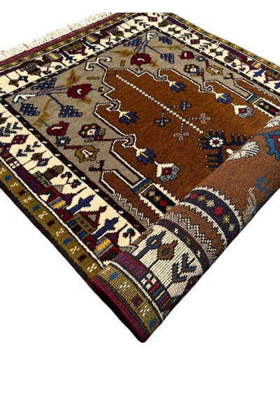El Dokuması Sıfır Yahyalı Seccade 85x140 Kahverengi Beyaz Kök Boya %100 Yün Açık Kahverengi