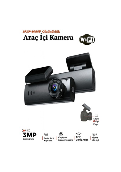 Araç İçi Kamerası Dvr+wi-fi 1920/1080p Gece Görüşlü 170º Geniş Açı Algılama Sensör Araç İçi Kamera