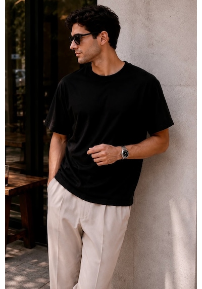 Bbbutikbasic Erkek Oversize Basic Bisiklet Yaka Pamuklu Tişört My3535 Siyah