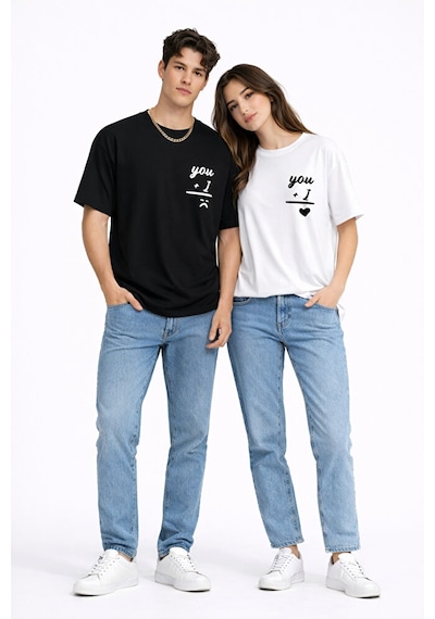 Sevgili Kombini You I Yazılı Çift Tişört Oversize Unisex Partner Kombin Seti Siyah - Beyaz