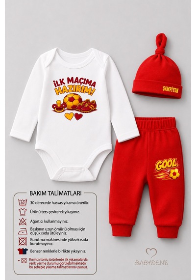 Babyden's Bebek 3'lü Takım Sarı Kırmızı Taraftar Temalı Uzun Kol %100 Pamuk Yenidoğan Seti İlk Maçıma Hazırım
