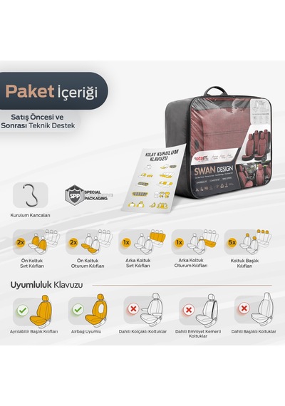 Swan Design Yüksek Kalite Keten Noktalı Deri Detaylı Ekstra Destekli Universal Oto Koltuk Kılıfı Tam Set