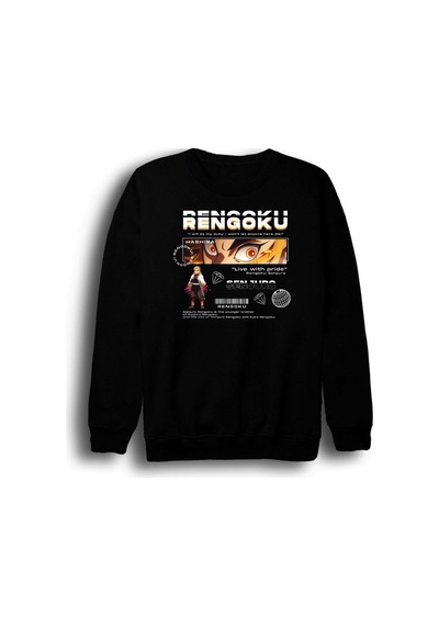 Demon Slayer Kyojuro Rengoku Baskılı Unisex %100 Pamuk Bisiklet Yaka Siyah Sweatshirt SIYAH
