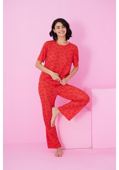 Siyah İnci Pointel Ajurlu/delikli Bisiklet Yaka Örme Pijama Takım Kırmızı Siyah Kalp
