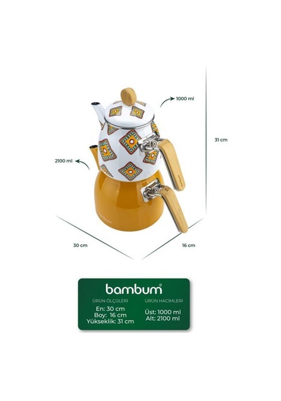 Bambum Unique - Bambu Kulplu Emaye Çaydanlık Takımı Hardal
