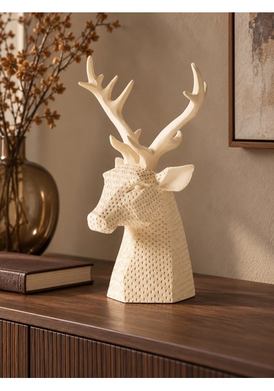 Dokulu Geyik Başı Dekoratif Biblo Kırık Beyaz 16 30 Cm