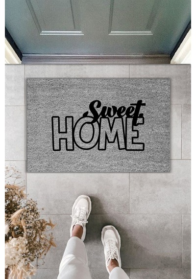 Rugmood Modern Dijital Baskı Paspas - Sweet Home Paspas - Kapı Önü Paspası 70x45cm Gri
