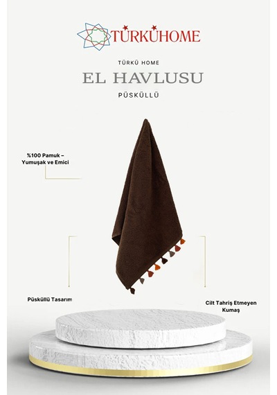 Püsküllü Yumuşak Pamuk Havlu Yüksek Emicili El Havlusu 50x90 Cm Kahverengi