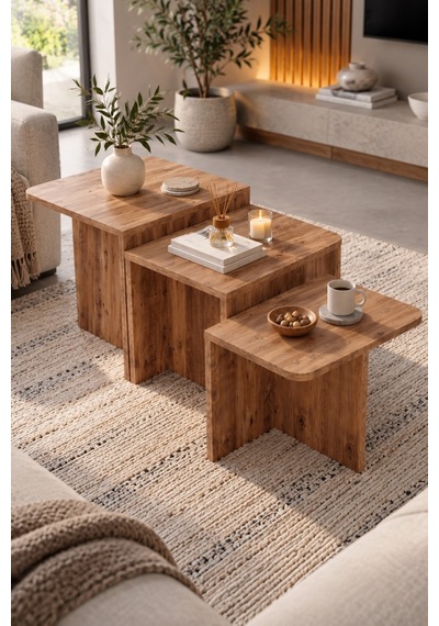 Sulorahome 3'lü Atlantik Çam Desenli Modern Orta Sehpa Seti