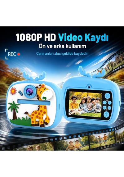 Çocuk Kamerası Zürafa Tasarımlı Anında Baskı Özellikli Dijital Fotoğraf Makinesi, 2,4 İnç Ips Ekranlı 1080p Video Kayıtlı Kamera, Cmr90 Mor